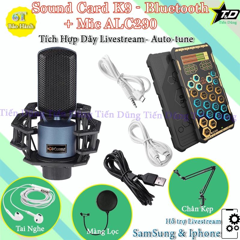 Combo Mic Livestream Karaoke Aqta ALC290 và Sound Card K9 có Bluetooth Auto-tune Đi Kèm Chân Kẹp Màng Lọc Tặng Tai Nghe