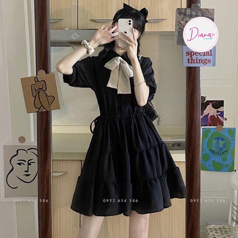 Váy nữ đầm babydoll cổ nơ - Màu đen trắng - dáng xoè tay phồng kiểu dáng Hàn Quốc