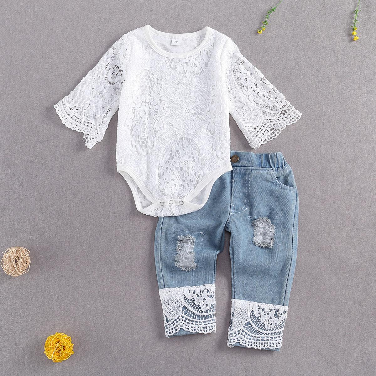 Ma & Bé 0-24M Sơ Sinh Trẻ Sơ Sinh Bé Gái Bộ Quần Áo Ren Trắng Romper Áo Liền Quần Đùi Denim Mùa Thu Cho Bé cô Gái Trang Phục Quần Áo