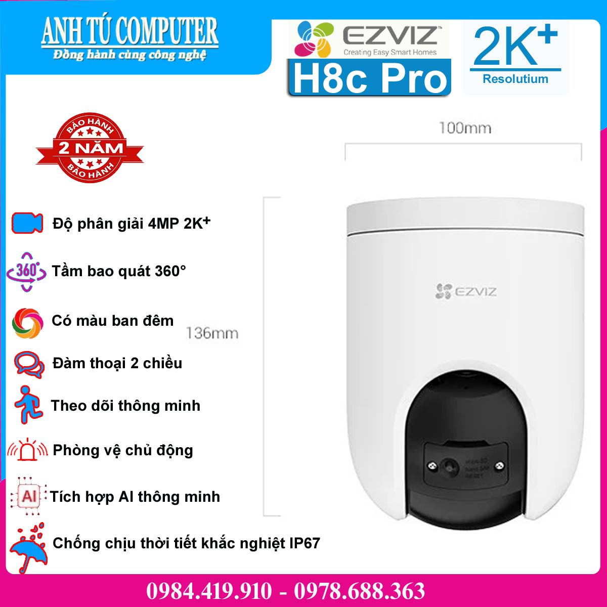 Camera WiFi EZVIZ H8C Pro 2K+ 4MP hàng chính hãng