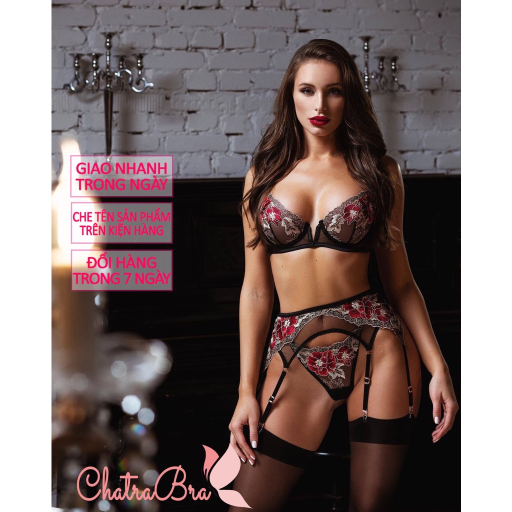 Set bộ đồ lót lingerie lọt khe xuyên thấu thêu hoa trắng đỏ tặng kèm vớ