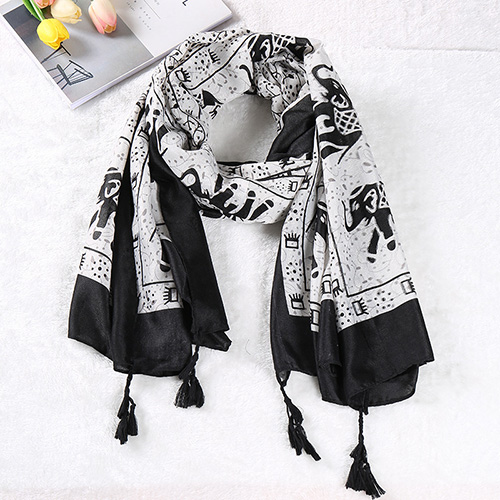 KHĂN BOHO DÀI HỌA TIẾT THỔ CẨM - CAO CẤP - 80x180CM - THY THY STORE - Voi Trắng Đen
