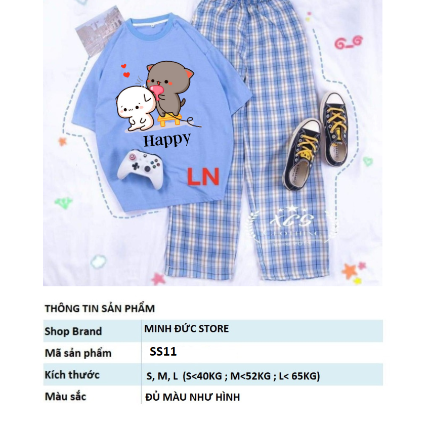Sét Bộ Nữ SS11, Sét Đồ Nữ Đi Chơi Đẹp In Hình Mèo Sấy Tóc Dễ Thương,Sét Áo Vải Cotton,Quần Kẻ Màu Cá Tính