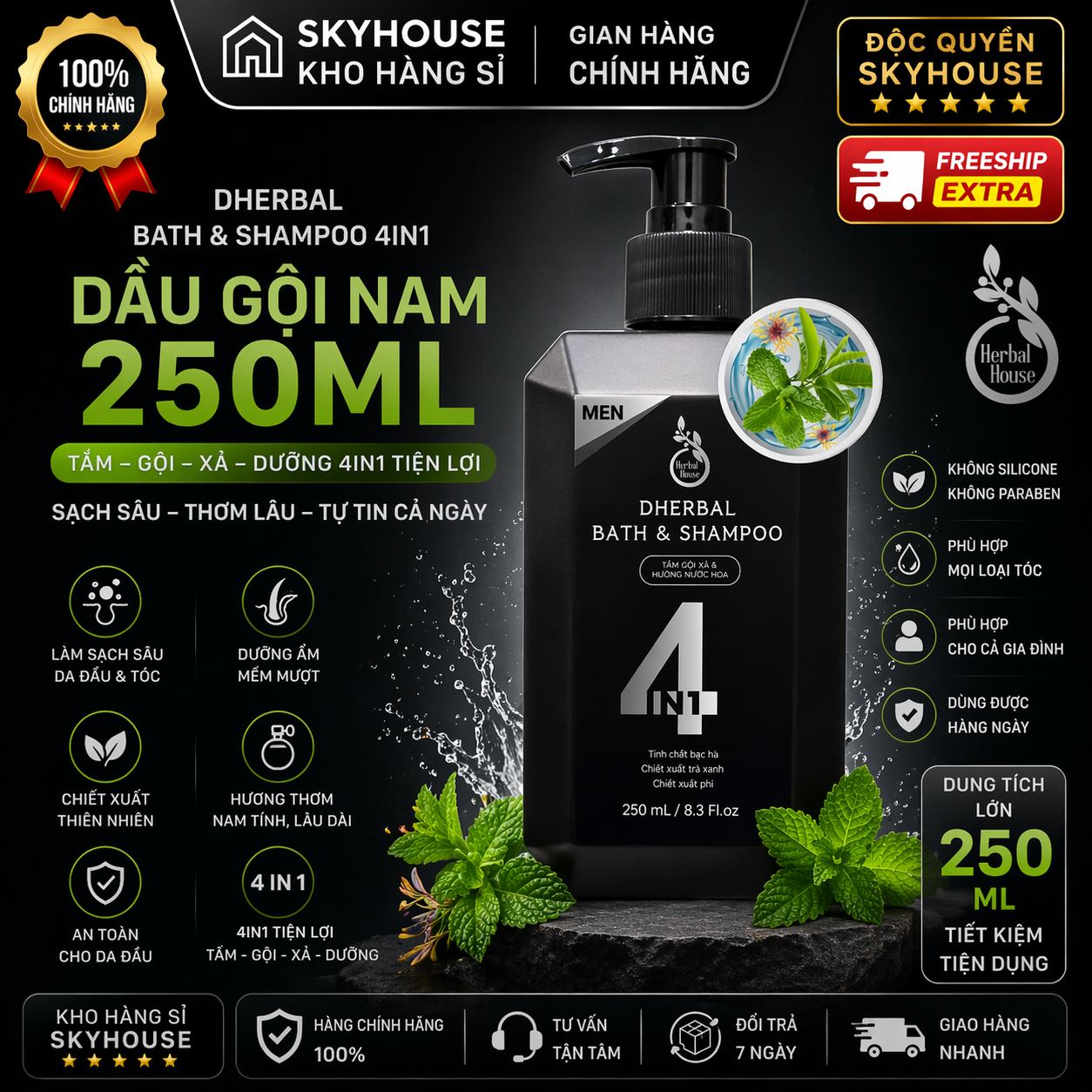 Dầu gội thảo dược thiên nhiên 4in1 tinh chất bạc hà độc quyền DHERBAL chai 250ml dầu gội trị gàu mọc tóc chính hãng
