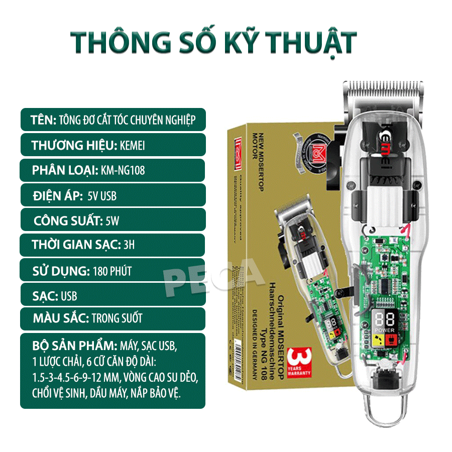 Tông đơ cắt tóc chuyên nghiệp Kemei KM-NG108 màn hình LCD hiển thị phiên bản thấy mạch công suất mạnh dùng sạc USB pin trâu sạc nhanh, kèm 6 cữ lược căn độ dài và phụ kiện đầy đủ - Hàng chính hãng