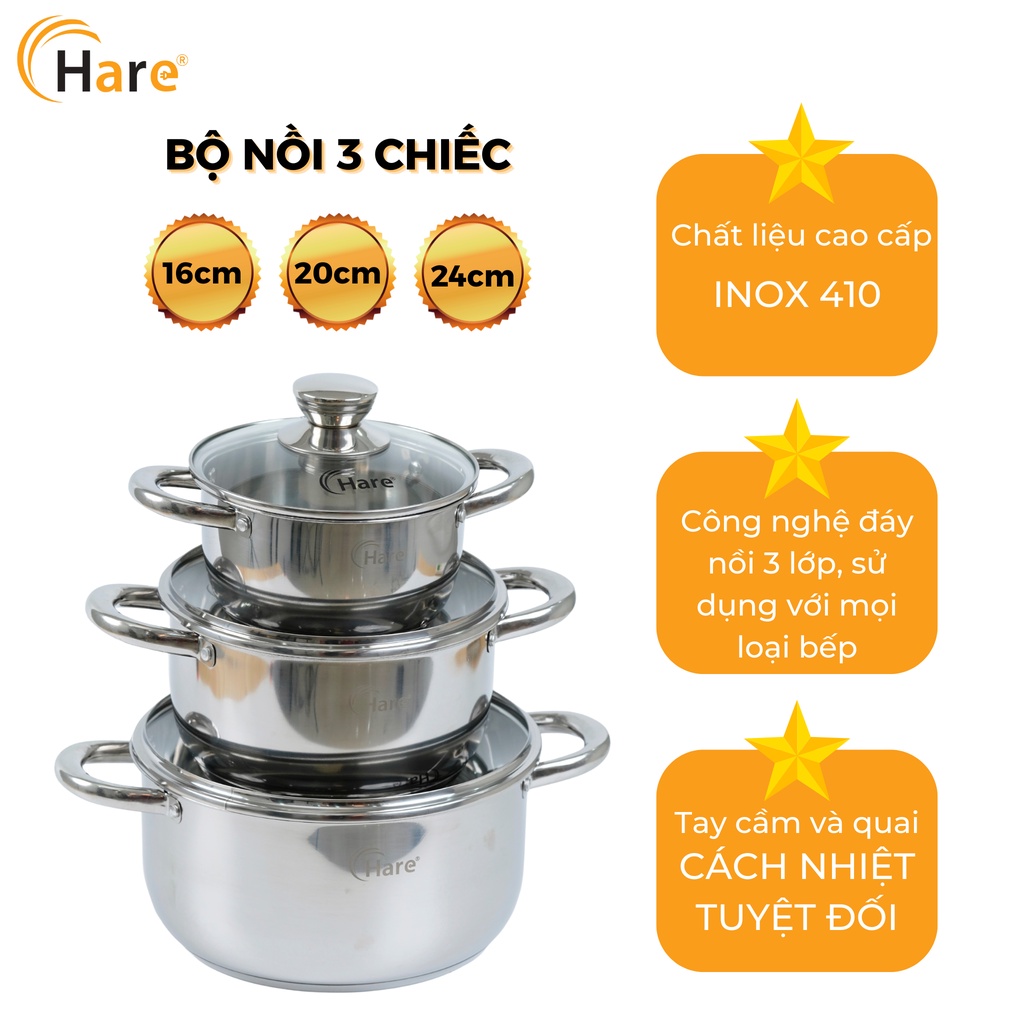 Bộ nồi inox đáy từ HR-S306  - thương hiệu Hare -  lỗi 1 đổi 1