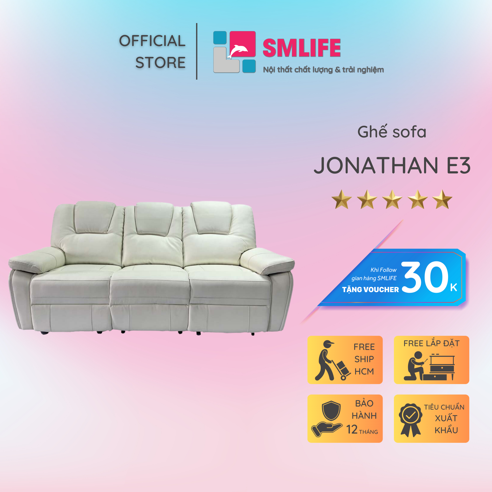 Ghế sofa 3 chỗ ngã lưng thư giãn bằng điện sang trọng SMLIFE Jonathan E3 | D212 x  R96 x C99cm | nâng hạ lưng ghế