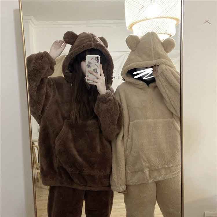 Bộ đồ ngủ lông cừu nữ tai gấu túi trước siêu ấm áp, Đồ bộ mặc nhà nữ áo hoodie siêu sinh nhiệt bất chấp rét đại hàn