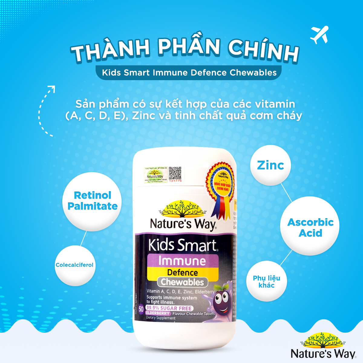 Combo 2 Viên Nhai Cho Bé Nature's Way Kids Smart Vitamin C+ZinC+D3 Và Immune Defence Bổ Sung Vitamin, Tăng Cường Miễn Dịch