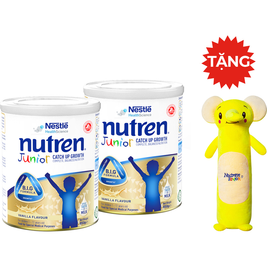 Combo 2 lon sản phẩm dinh dưỡng y học Nutren Junior cho trẻ từ 1-12 tuổi 850g tăng trưởng 3 chuẩn: Thế chất, Đề kháng, Tư duy - Tặng gối ôm con voi