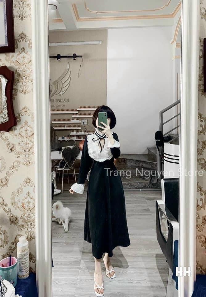 Đầm xòe tiểu thư cổ nơ dài tay dáng xòe nhẹ vintage siêu xinh, Váy kiểu nữ dự tiệc sang trọng dáng dài rẻ đẹp