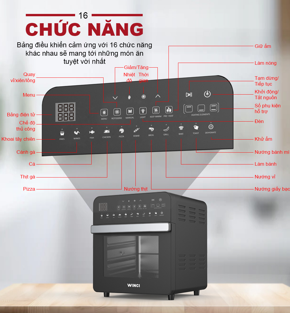 Nồi chiên không dầu Winci AF528T, Dung tích 14.5 Lít, Hàng chính hãng. Tặng bộ Dao Winci 5 món