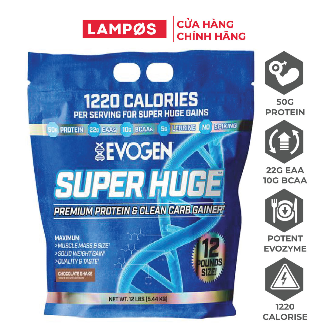 Combo Sữa Tăng Cân Evogen Super Huge Gain, Tăng Cơ Nạc Với Nguồn Protein Cao Cấp 50g Protein, 22g EAA - 10g BCAA, EVOZYME, Bịch 5.4kg (Vị Chocolate) - Tặng Kèm Bình Lắc (Màu Ngẫu Nhiên)