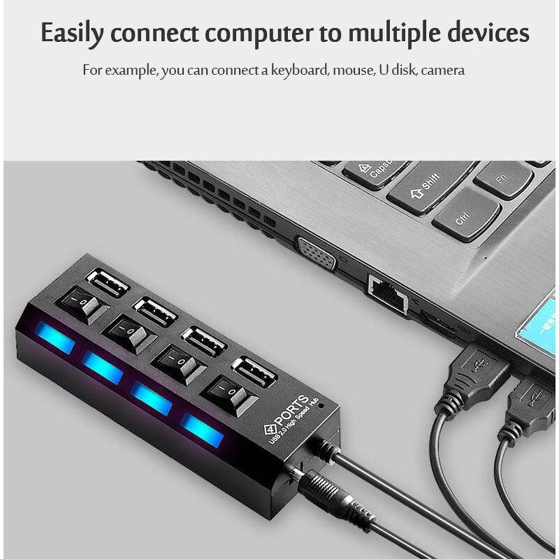 USB 2.0 Hub Multi USB Splitter Hub Use Power Adapter 4Port Multiple Expander USB Hub with Switch 30CM Cable