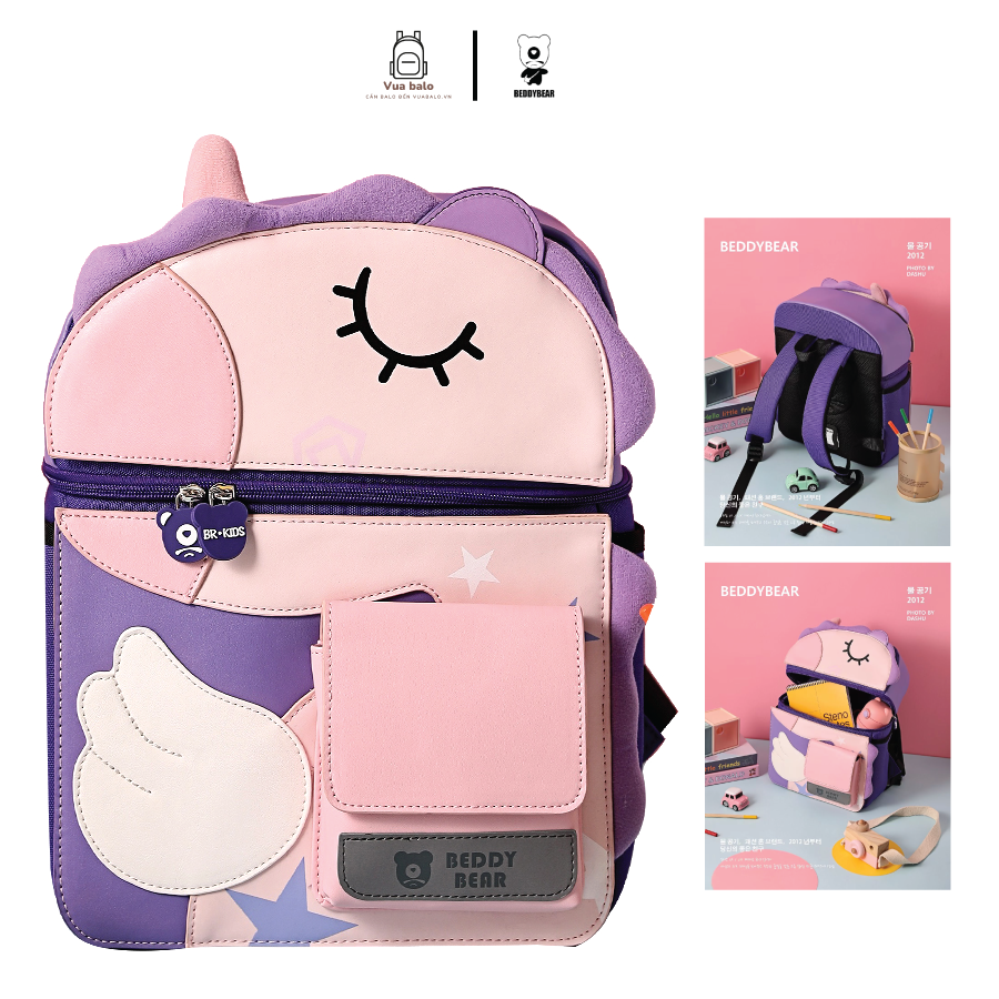 Balo cho Bé Gái Từ 05 tuổi BEDDYBEAR  - Cute Bag 2.0 Unicorn / Kỳ lân hồng - Ba lô Thiết kế chống gù lưng - phối da PU cao cấp - Bảo hành chính hãng 2 năm