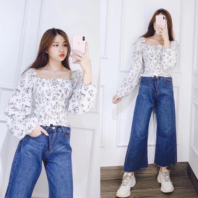 Áo hoa nhún Đan dây cổ U