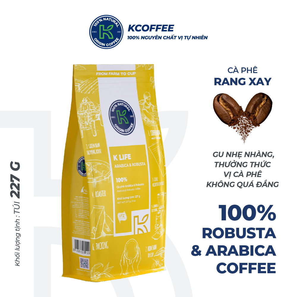 Cà phê rang xay 100% nguyên chất Robusta Arabica xuất khẩu K-Life thương hiệu K Coffee (227g/gói)