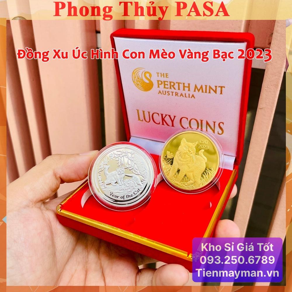 Tiền Xu May Mắn - Combo 2 Đồng Xu hình con Mèo Vàng Bạc Lì Xì Tết 2023 của Úc + hộp nhung đỏ, Lì Xì Tết - NELI