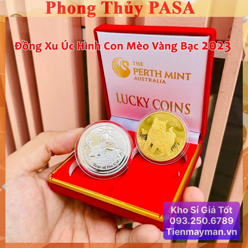 Bộ xu Úc hình con Mèo Vàng Bạc năm 2023 lì xì tết - kèm hộp nhung đỏ, Tiền lì xì tết 2023 , NELI