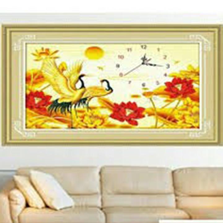 Tranh thêu hạc vàng sen đồng hồ A1170 - kích thước: 61 * 42cm.