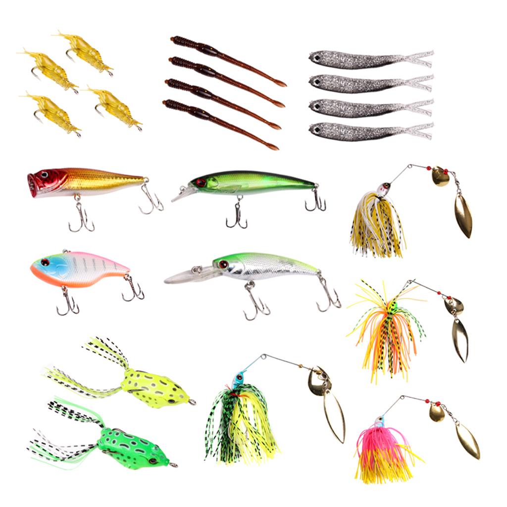 22pcs Fishing Lures Kit Soft Hard Baits Bass Popper Shrimp Minnow VIB Bait with Box for Freshwater Saltwater
