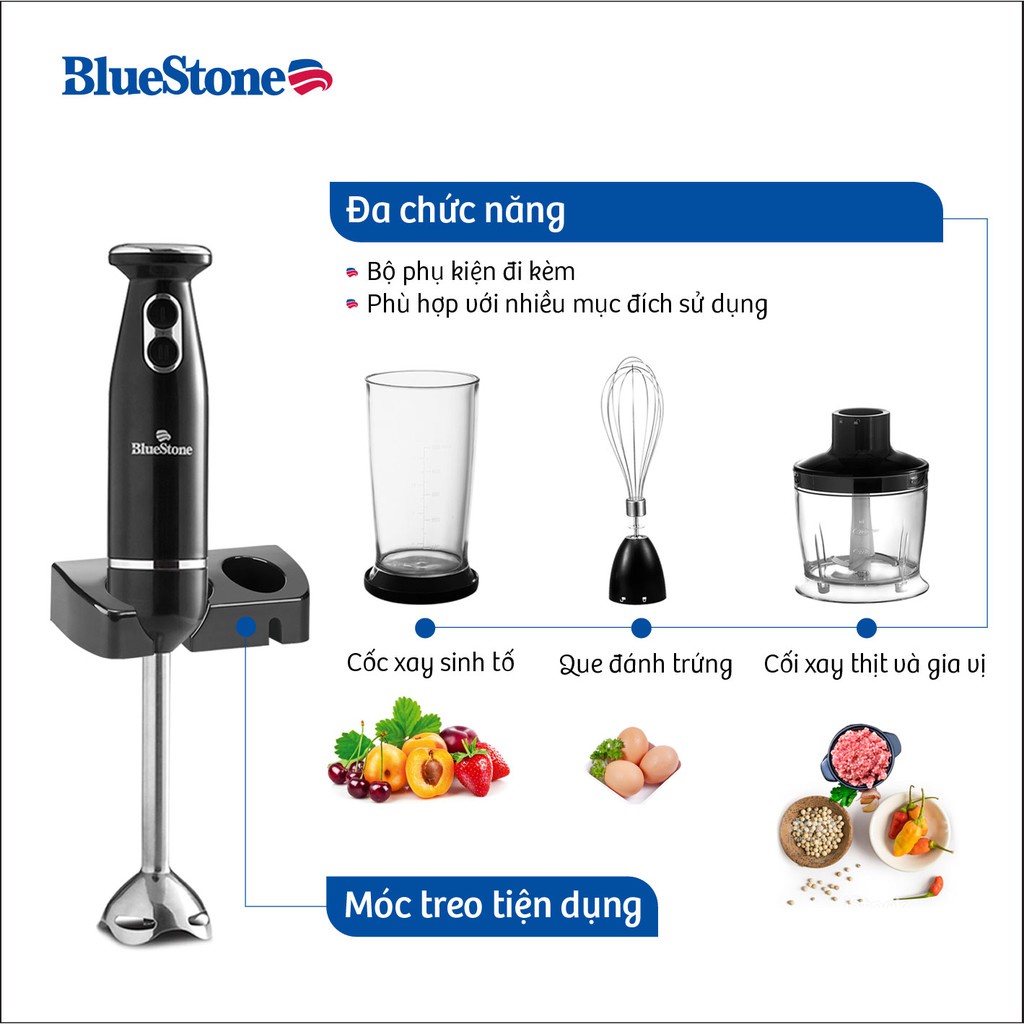 Máy Xay Sinh Tố Cầm Tay Đa Năng BlueStone BLB-5251, Xay sinh tố, cháo, thịt, đánh trứng, Công Suất 600W, Hàng Chính Hãng