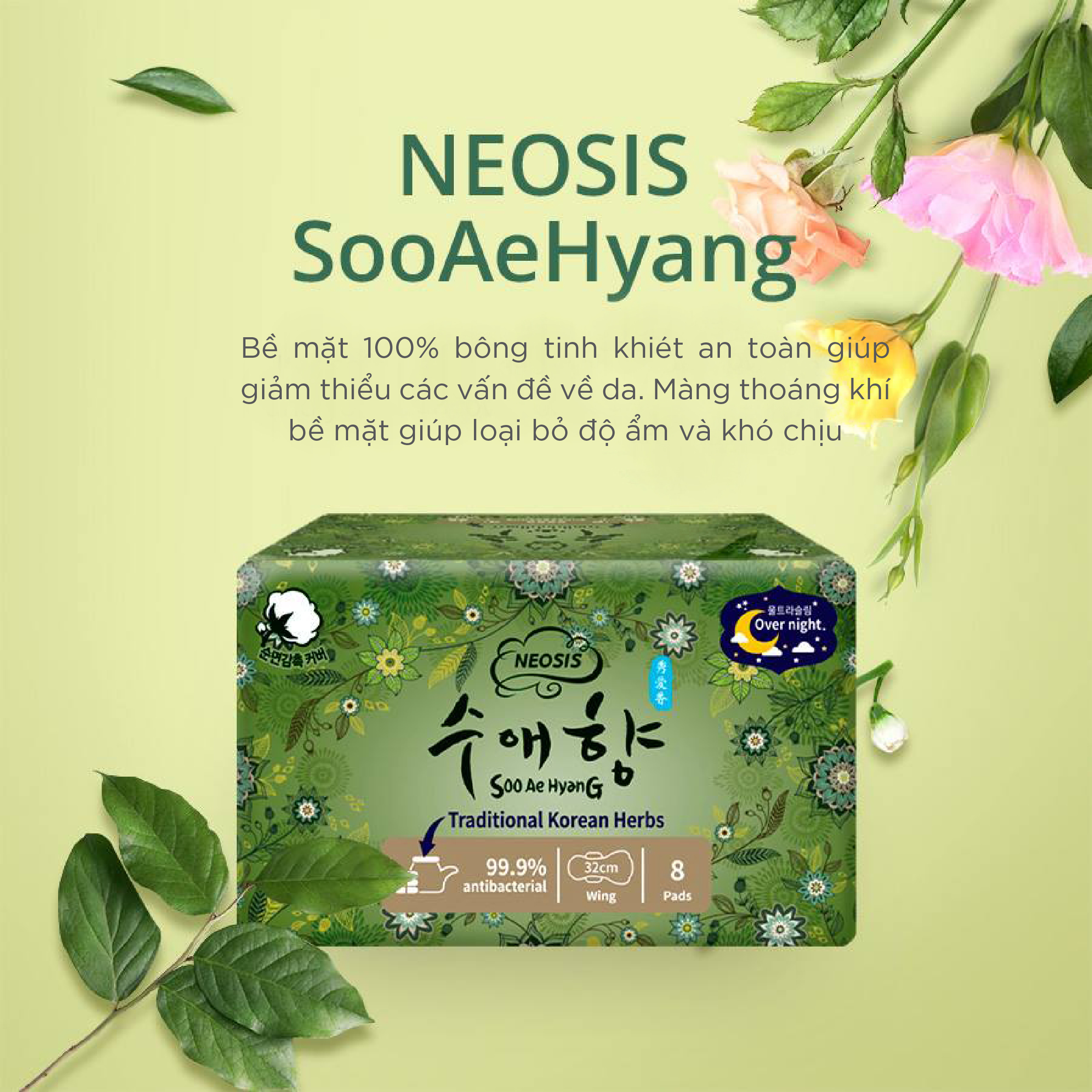 BĂNG VỆ SINH HỮU CƠ  THẢO DƯỢC NEOSIS SOOAEHYANG BAN ĐÊM (KT: 32cm)_1 gói/10 miếng_hàng chính hãng