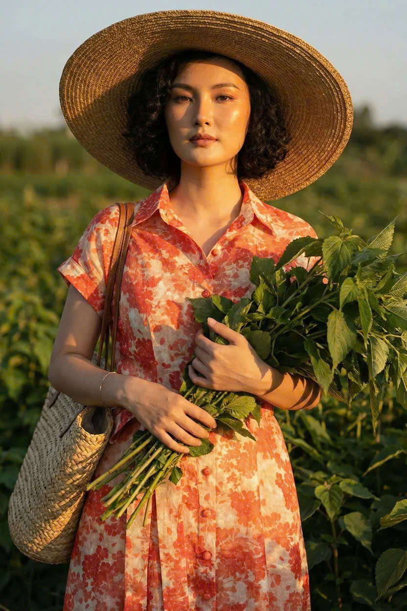 Đầm Sơ Mi Ramie Hoa Đỏ Thanh Minh Dre232 Thời trang Hity