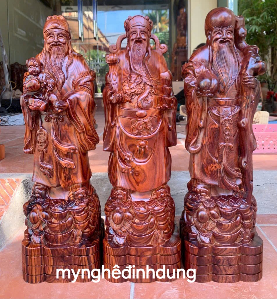 Bộ tượng phật tam đa phúc lộc thọ bằng gỗ trắc cao 50x18x12cm