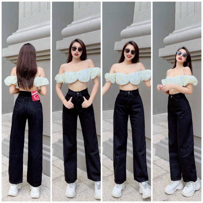 Quần jean nữ quần baggy jean ống suông cạp cao màu trơn dễ phối đồ
