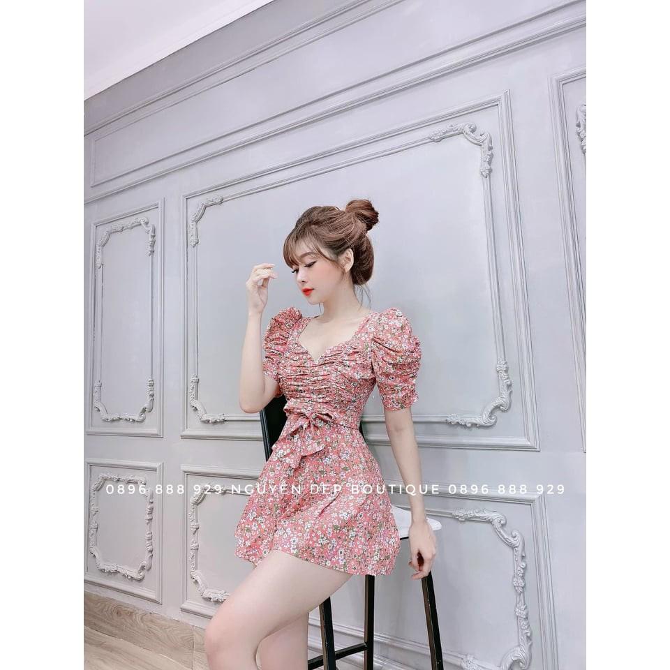 Đầm Lụa Hoa Nhún Ngực Quyến Rũ Tôn Dáng Sang Trọng