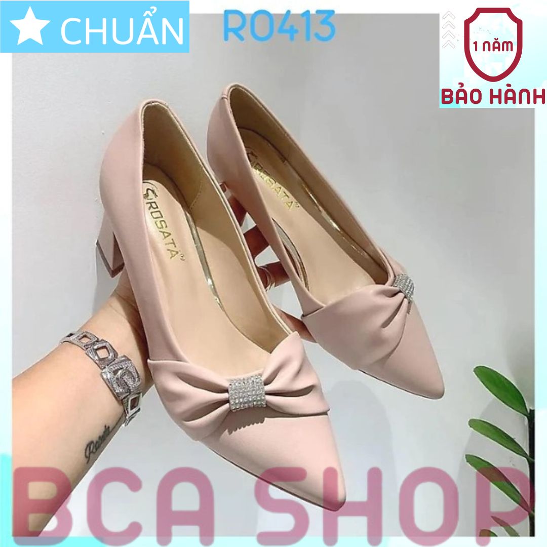 Giày cao gót nữ 5p RO413 ROSATA tại BCASHOP mũi nhọn đính nơ và hạt lấp lánh - màu da đậm