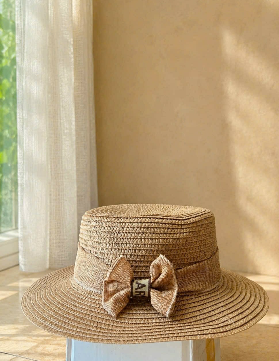 Mũ Cói Nữ Vành Rộng 6cm Phối Nơ Vải Bố Riviera, Nón Đi Biển Che Nắng Du Lịch Thời Trang Hàn Quốc dona050626