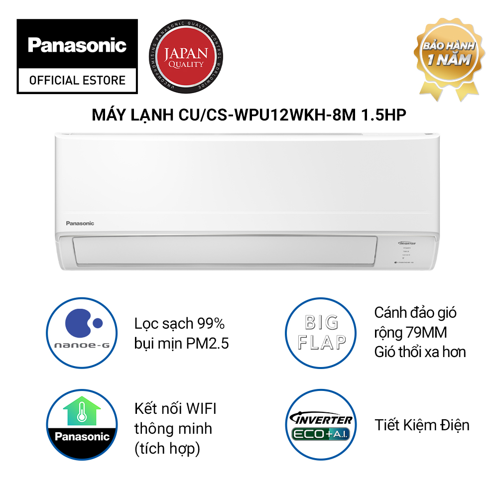 Máy lạnh Panasonic CU-CS-WPU12WKH-8M - Một chiều - Inverter tiêu chuẩn tích hợp kết nối wifi - Hàng chính hãng - 1.5 HP