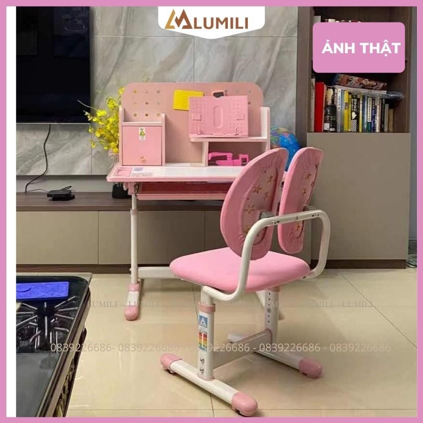 Bàn ghế học sinh Lumili R16 có giá sách, bộ bàn học chống gù thông minh kèm kệ sách cho trẻ em điều chỉnh nâng hạ độ cao