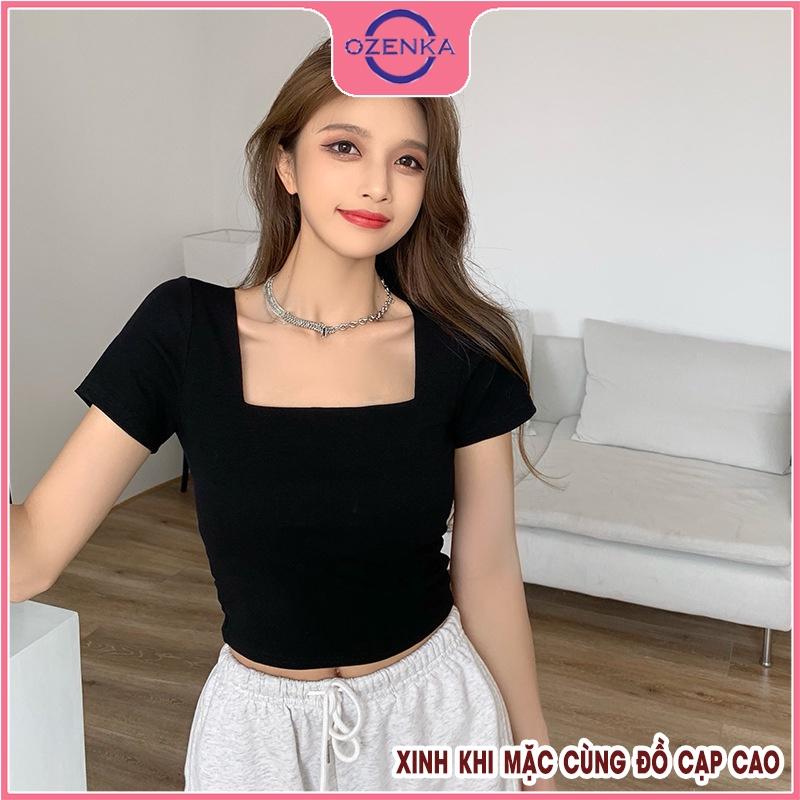 Áo croptop cổ vuông ngắn tay ôm nữ, áo crt hở rốn thun gân 100% cotton đẹp màu đen trắng dưới 50 cân