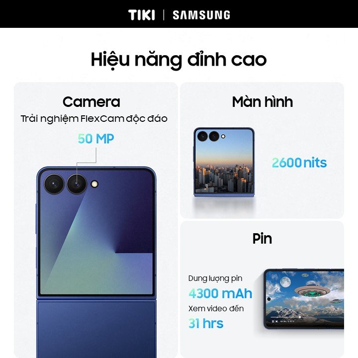 Điện thoại Samsung Galaxy Z Flip7, Điện thoại AI, Màn hình ngoài vô cực 4.1&quot;, Camera selfie 50MP, Mỏng nhất - Hàng Chính Hãng