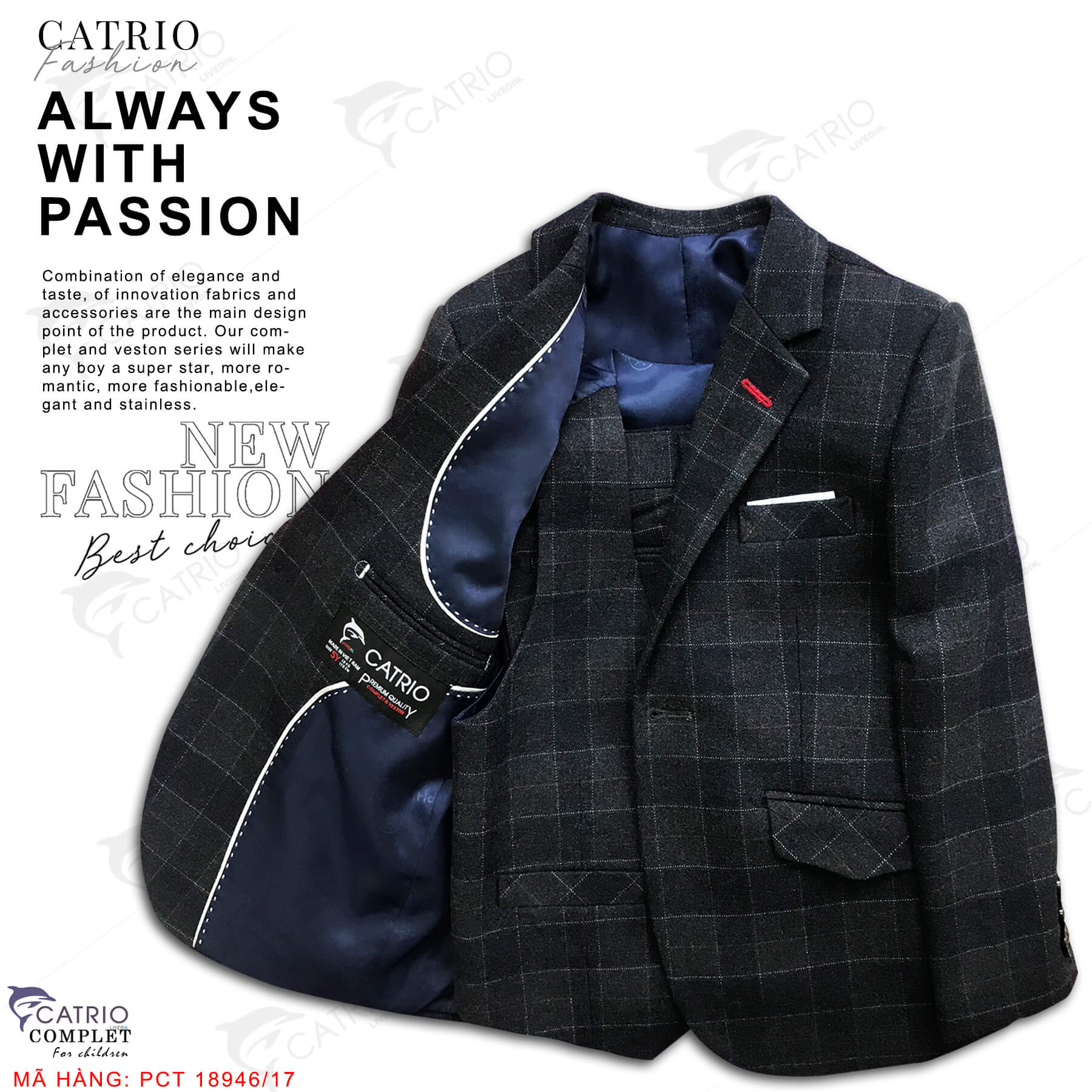 ÁO VEST BÉ TRAI CATRIO PCT18946/17 là ÁO ĐỜ MI trẻ em, ÁO KHOÁC VEST BÉ TRAI từ 8 tuổi 29kg ..12 tuổi 50kg, vải dạ cao cấp mềm mượt kẻ caro sang trọng tuyệt vời cho bé biểu diễn, dự tiệc cưới