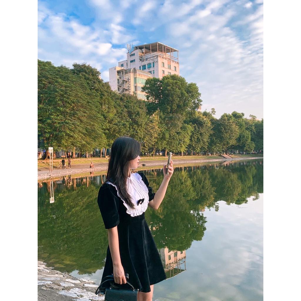 VÁY NHUNG TAY BỒNG PHỐI CỔ TRẮNG