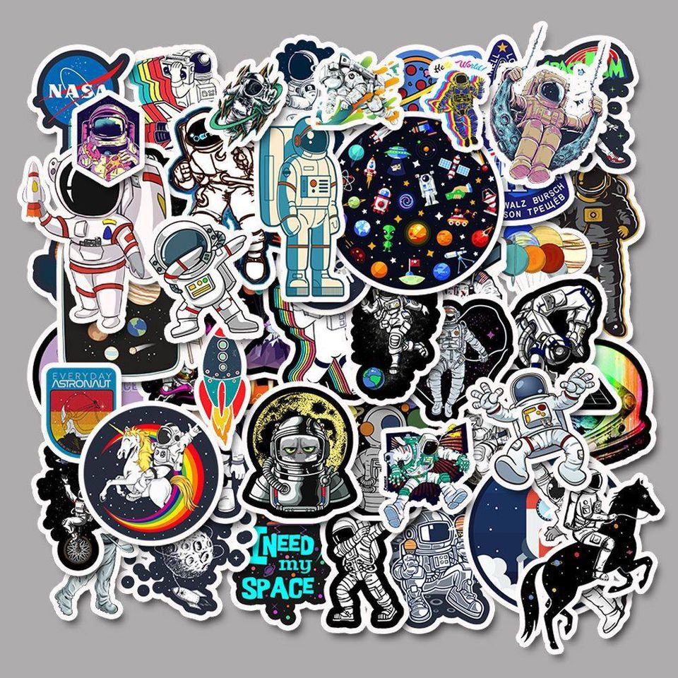 Bộ 50 Sticker chủ đề Phi hành gia vũ trụ, không gian dán trang trí Macbook, Vali, Mũ bảo hiểm, Điện thoại, Laptop