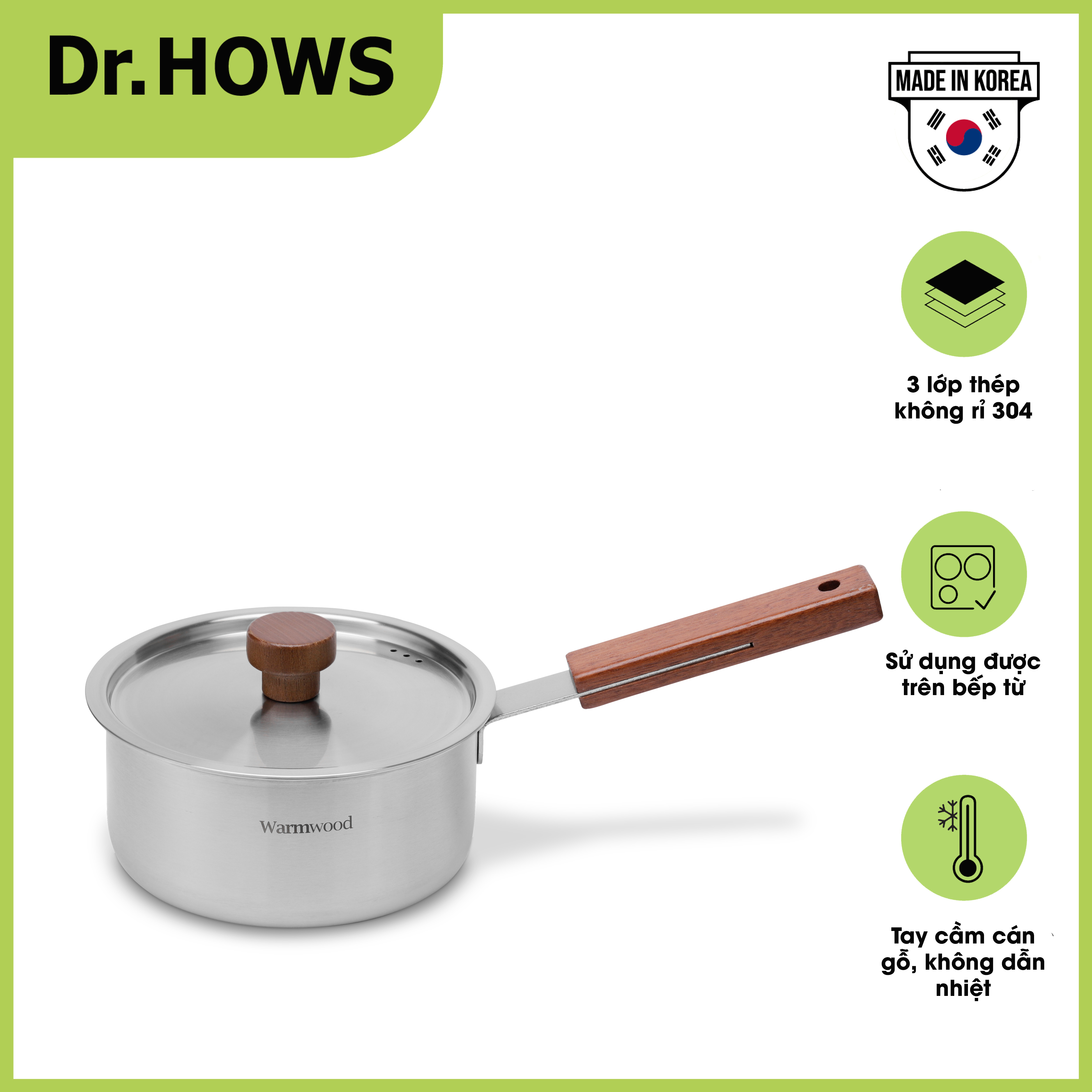 Quánh Inox 3 lớp cán gỗ Dr.HOWS Warm Wood 16cm