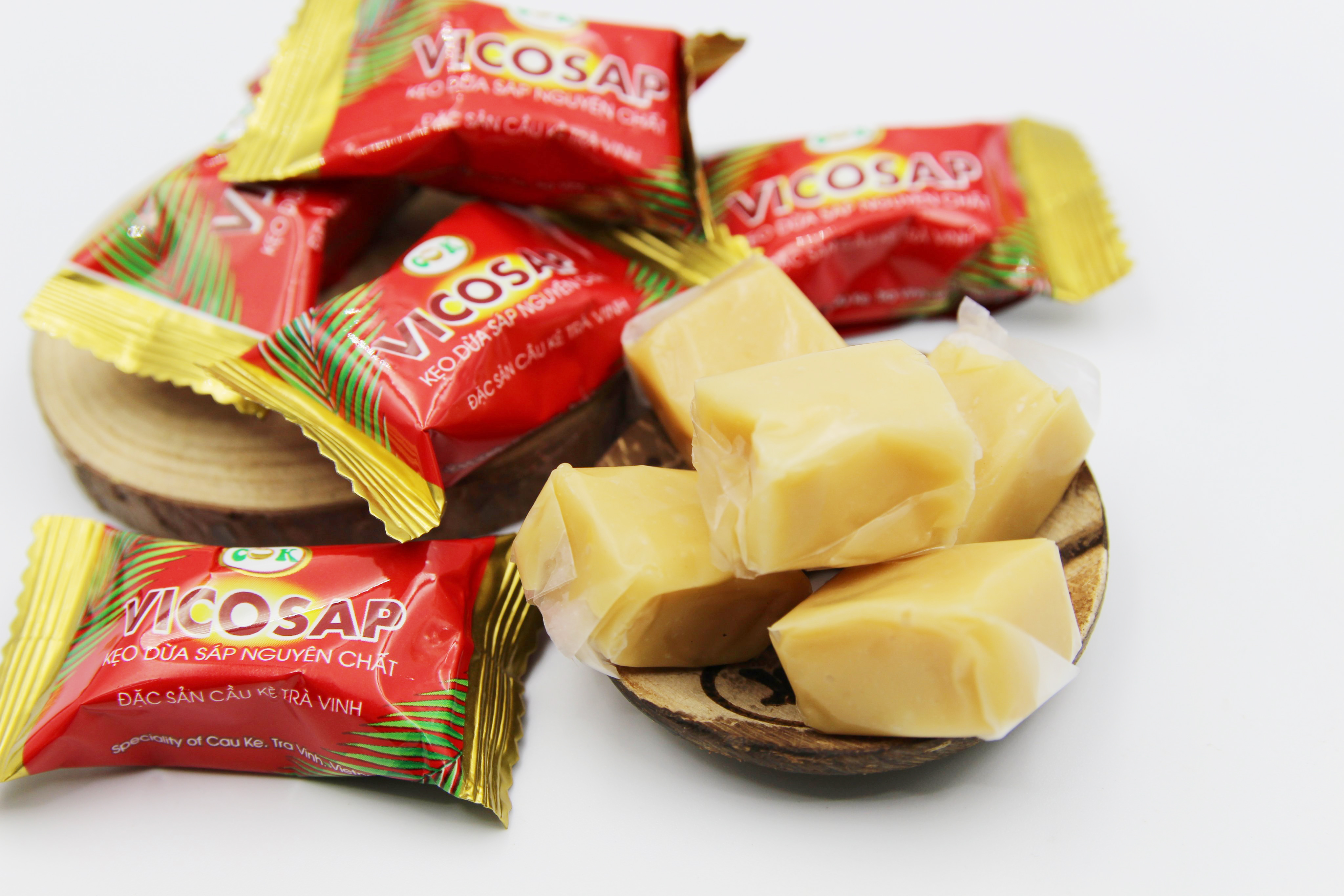 Combo 4 Sản Phẩm Vicosap tặng kèm túi, Kẹo dừa sáp Nguyên Chất+Kẹo dừa sáp Lá Dứa+Kẹo dừa sáp Cacao+Dừa Sáp Sợi 220ml