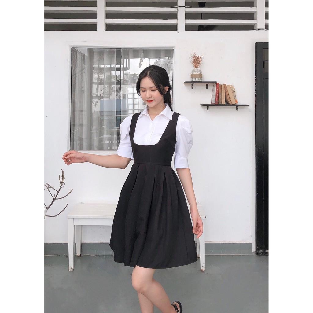 SET YẾM ĐEN 2 DÂY DÁNG XÒE+ÁO SƠ MI KIỂU TAY LỠ PHỒNG