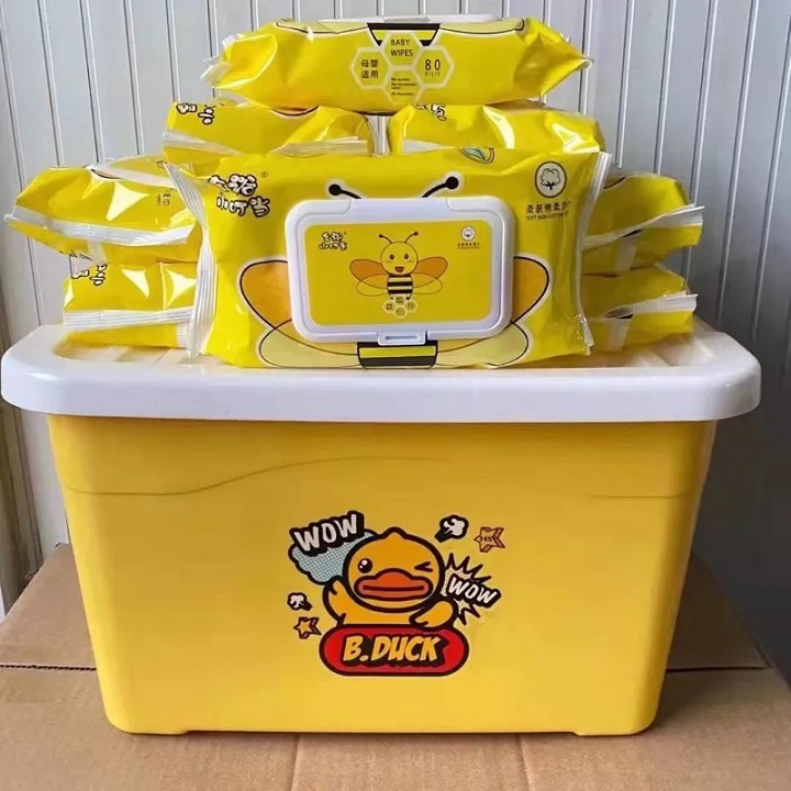 Combo 10 hộp k hăn giấy ướt vịt vàng , không cồn, không chất bảo quản, an toàn cho trẻ em Tặng kèm thùng đựng