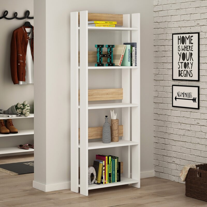 Kệ Sách 5 Tầng Màu Trắng Phối Vân Gỗ Đẹp Tinh Tế SIB Decor KSG23