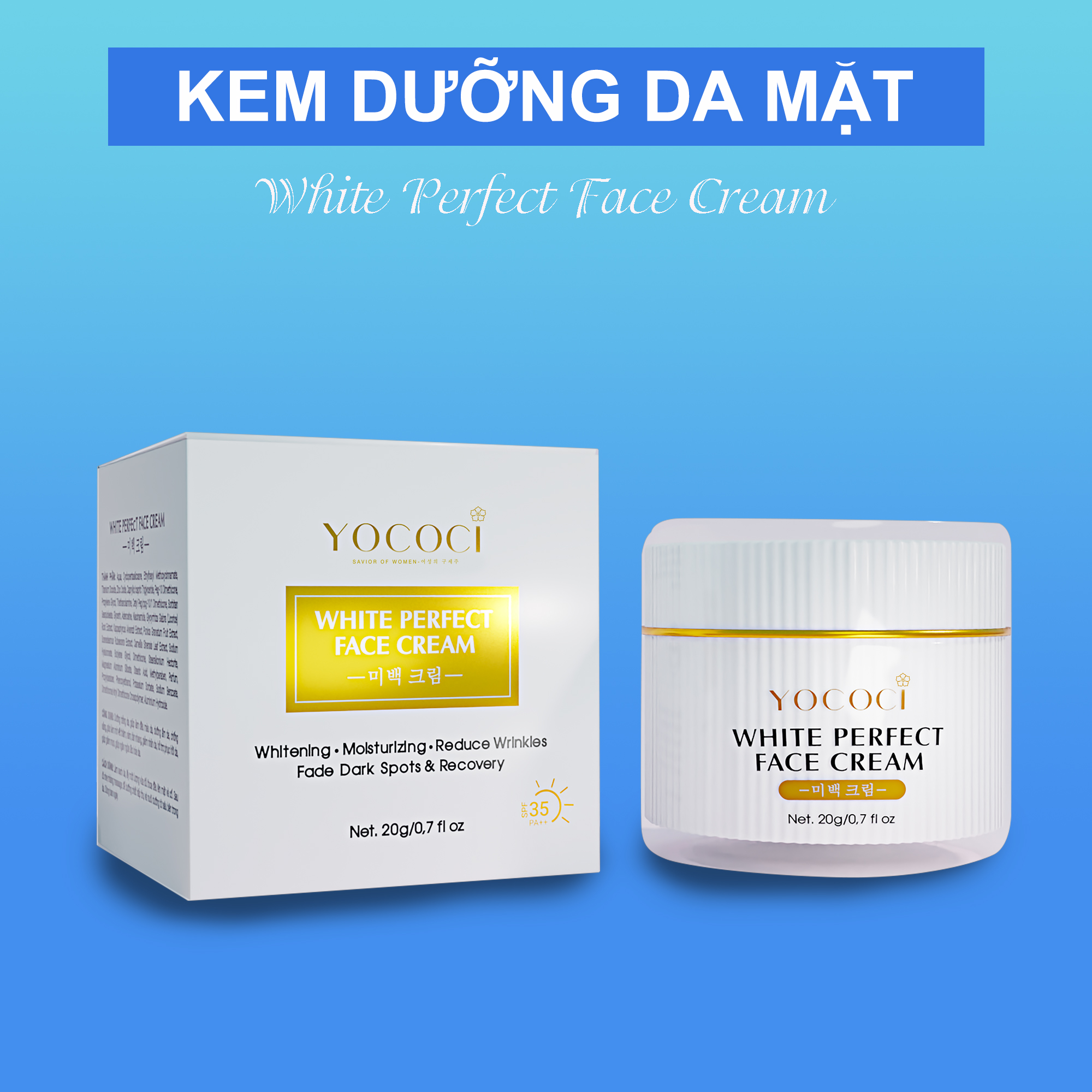 Bộ siêu dưỡng trắng da mặt Yococi kết hợp ngày đêm giúp da sáng mịn, căng bóng bảo vệ tuyệt đối an toàn cho da gồm 1 kem face 20g + 1 serum dưỡng da 20ml