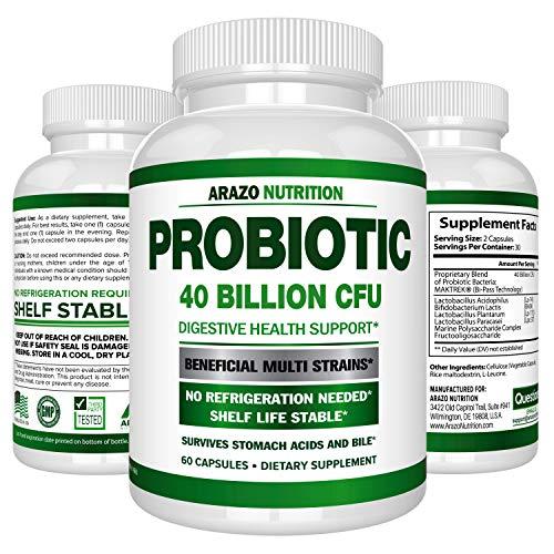 Probiotic 40 Billion CFU - Shelf Stable with Prebiotics and Acidophilus - Guaranteed Potency Until Expiration – Time Delay Release Probiotics – Arazo Nutrition