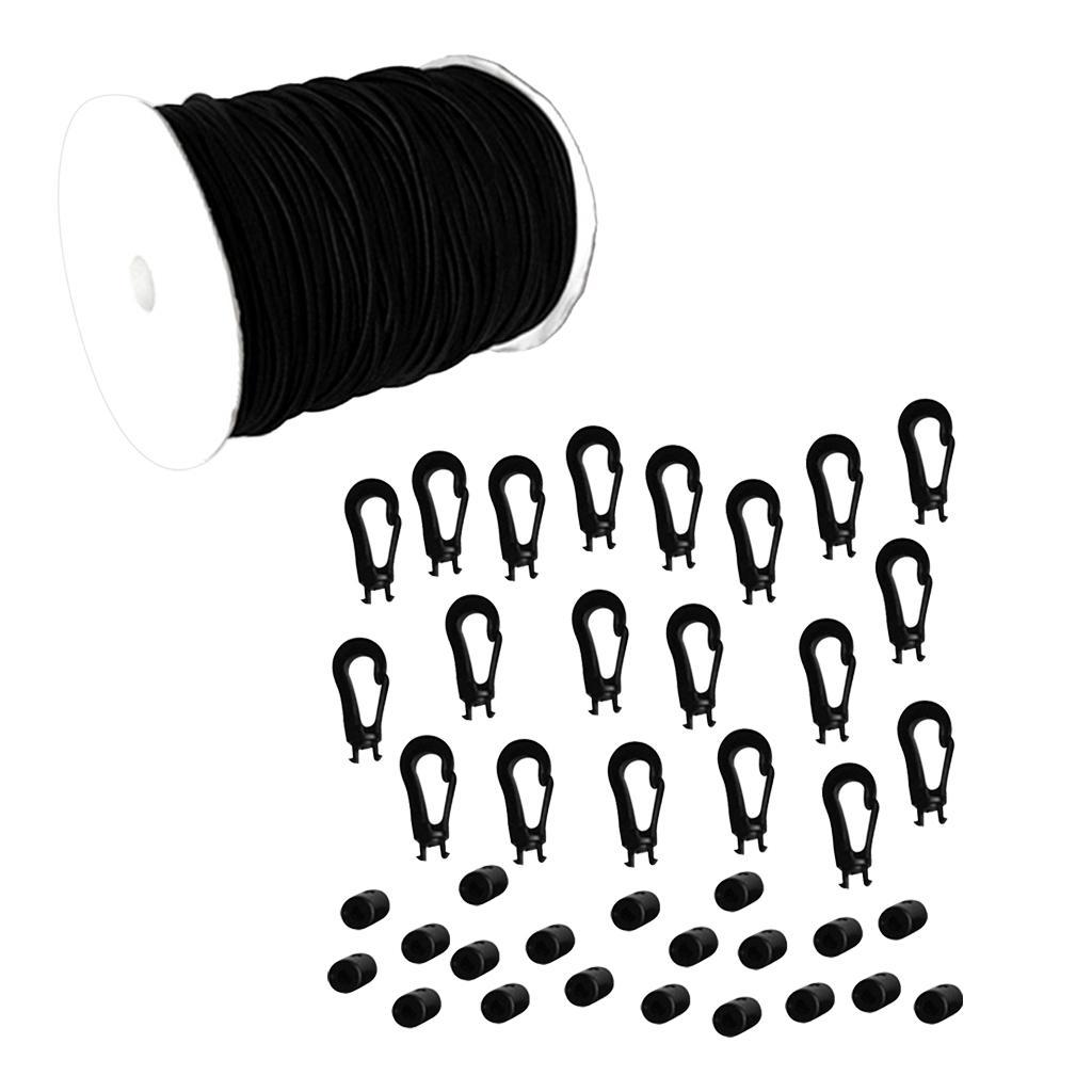 5mm 10 Meters Black Strong Elastic Bungee Rope Shock Cord Tie Down w/ 20pcs Bungee Cord Hook Ends for Boat/Marine