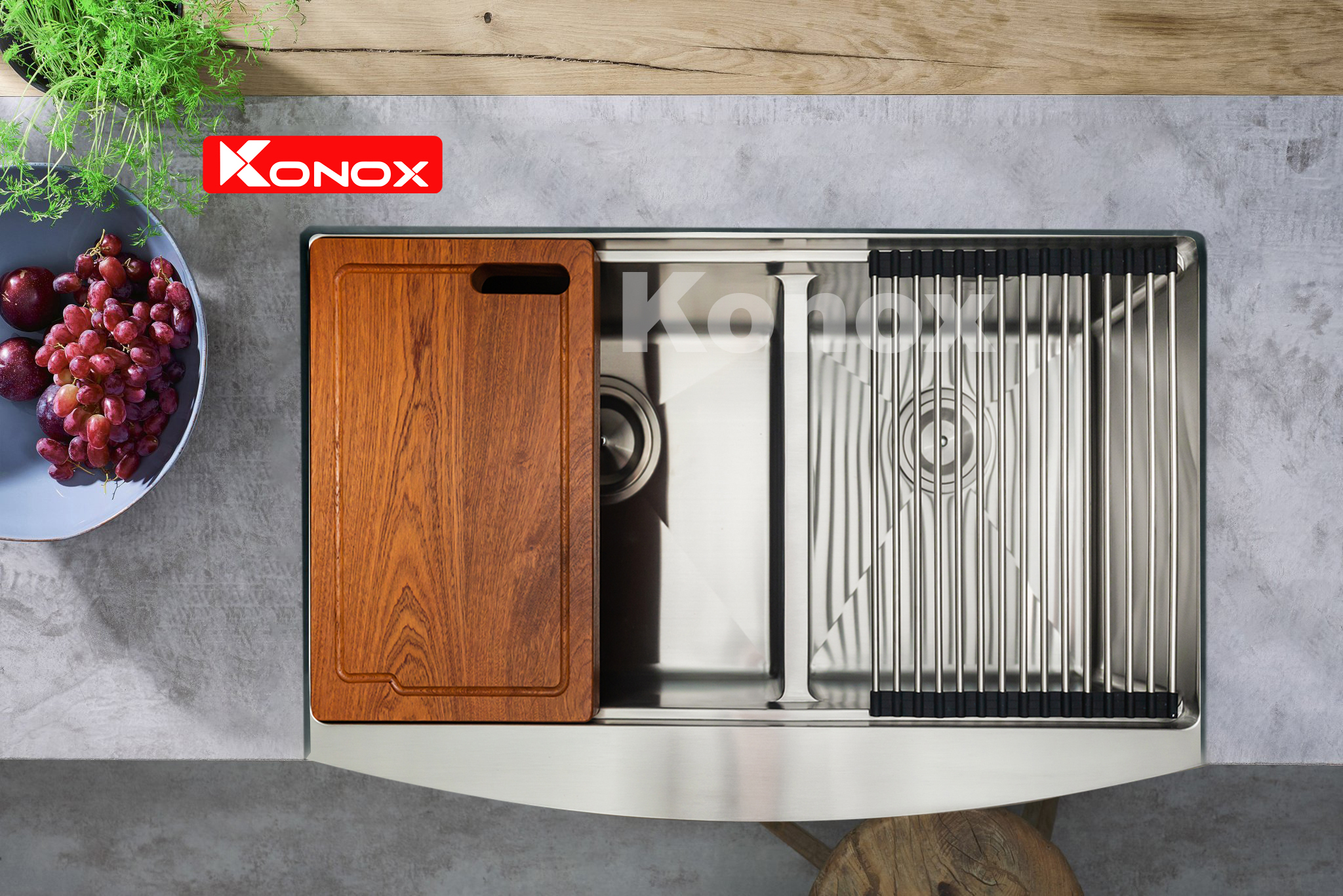 Chậu rửa bát Konox, Apron Series, Model KN8450DA , Inox 304AISI tiêu chuẩn châu Âu, Hạ bậc tích hợp, 840x505x220(mm), Hàng chính hãng