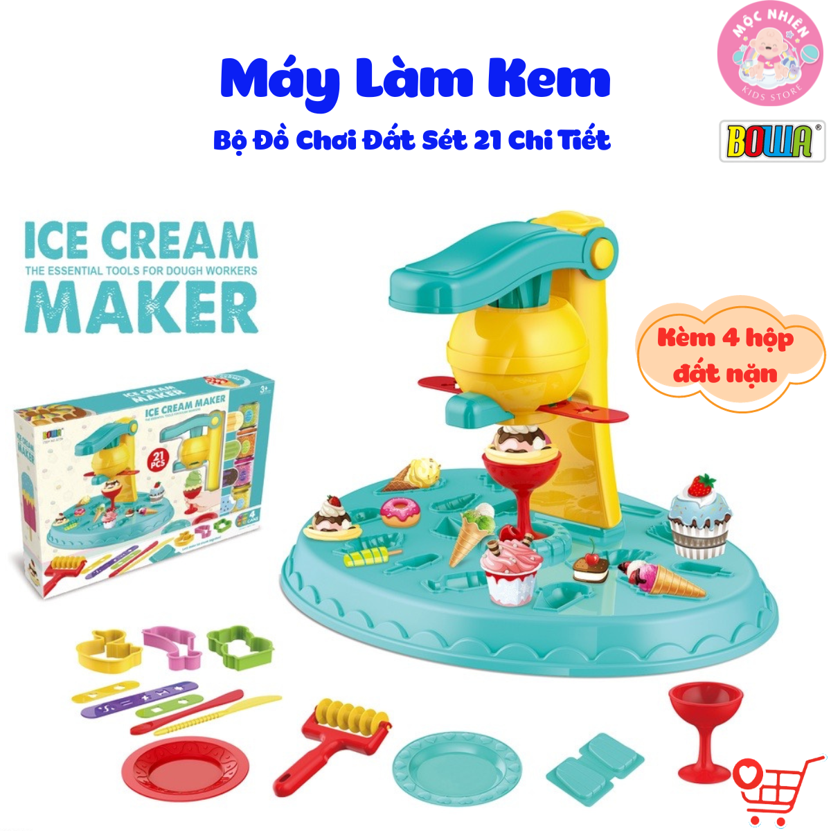 Bộ Đồ Chơi Đất Sét Bowa 8739 Chủ Đề Máy Làm Kem 21 Chi Tiết - Ice Cream Maker Color Dough Set Dành cho bé từ 3 tuổi
